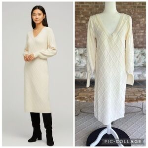 Venus Dress Cream Balloon Sleeve Midi Sweater Knit L/XL Quiet Luxury V-Neck